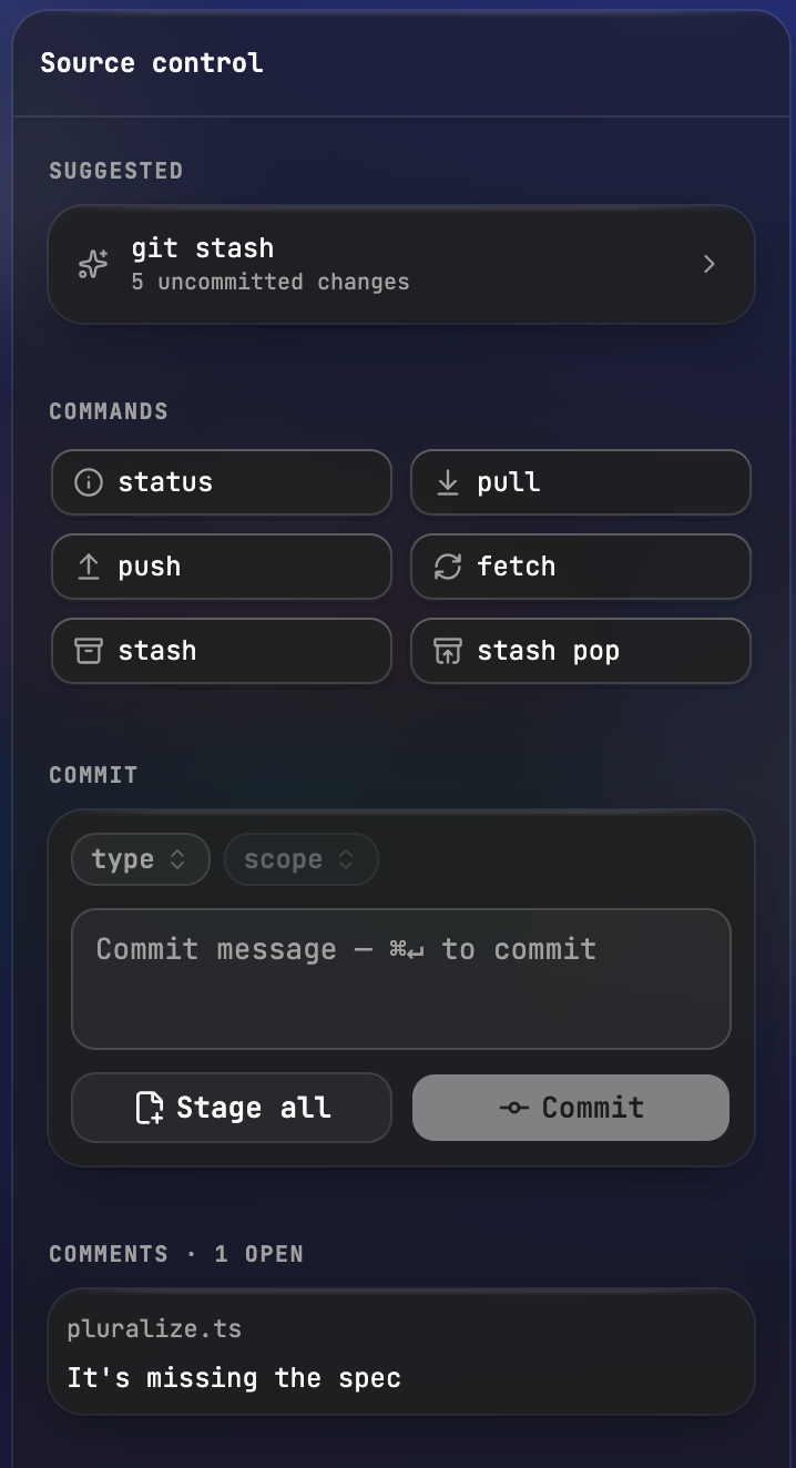 Commit composer with a suggested git stash, a grid of status, pull, push, fetch and stash commands, a type and scope commit box, and open review comments