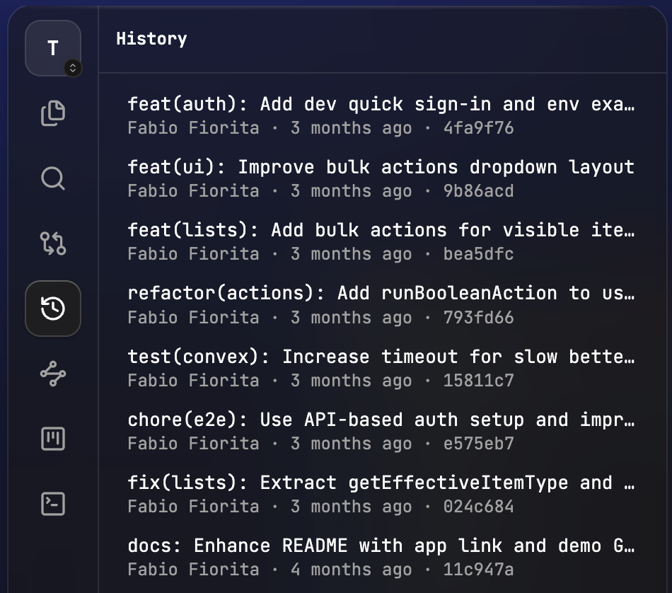 Commit history list with full messages, author and relative dates