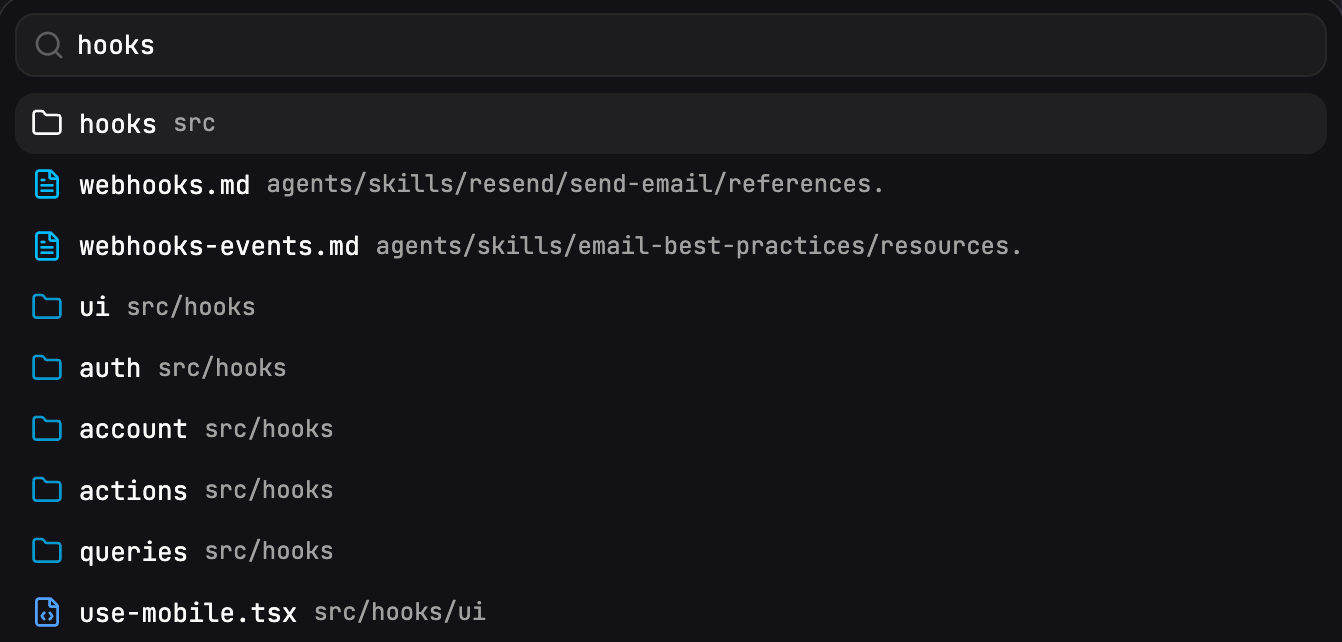 Quick search overlay matching files, folders, commands and commit SHAs
