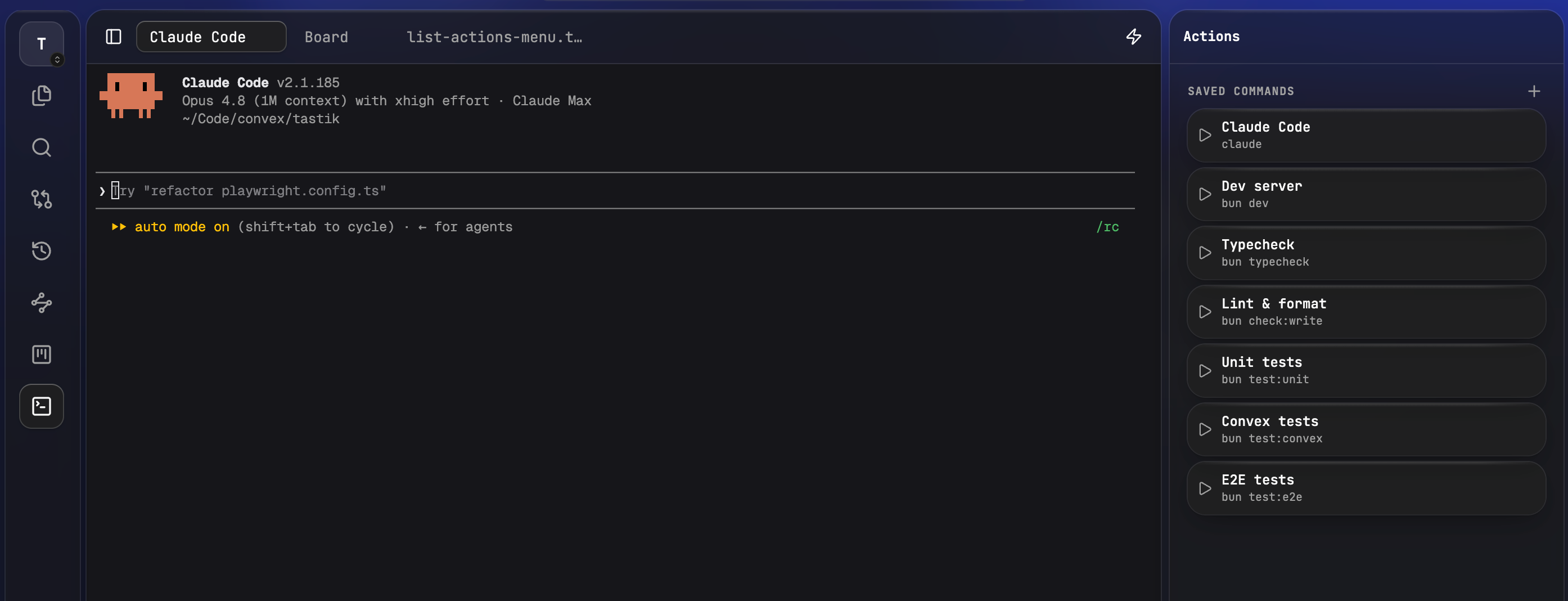 Embedded terminal running Claude Code beside saved commands