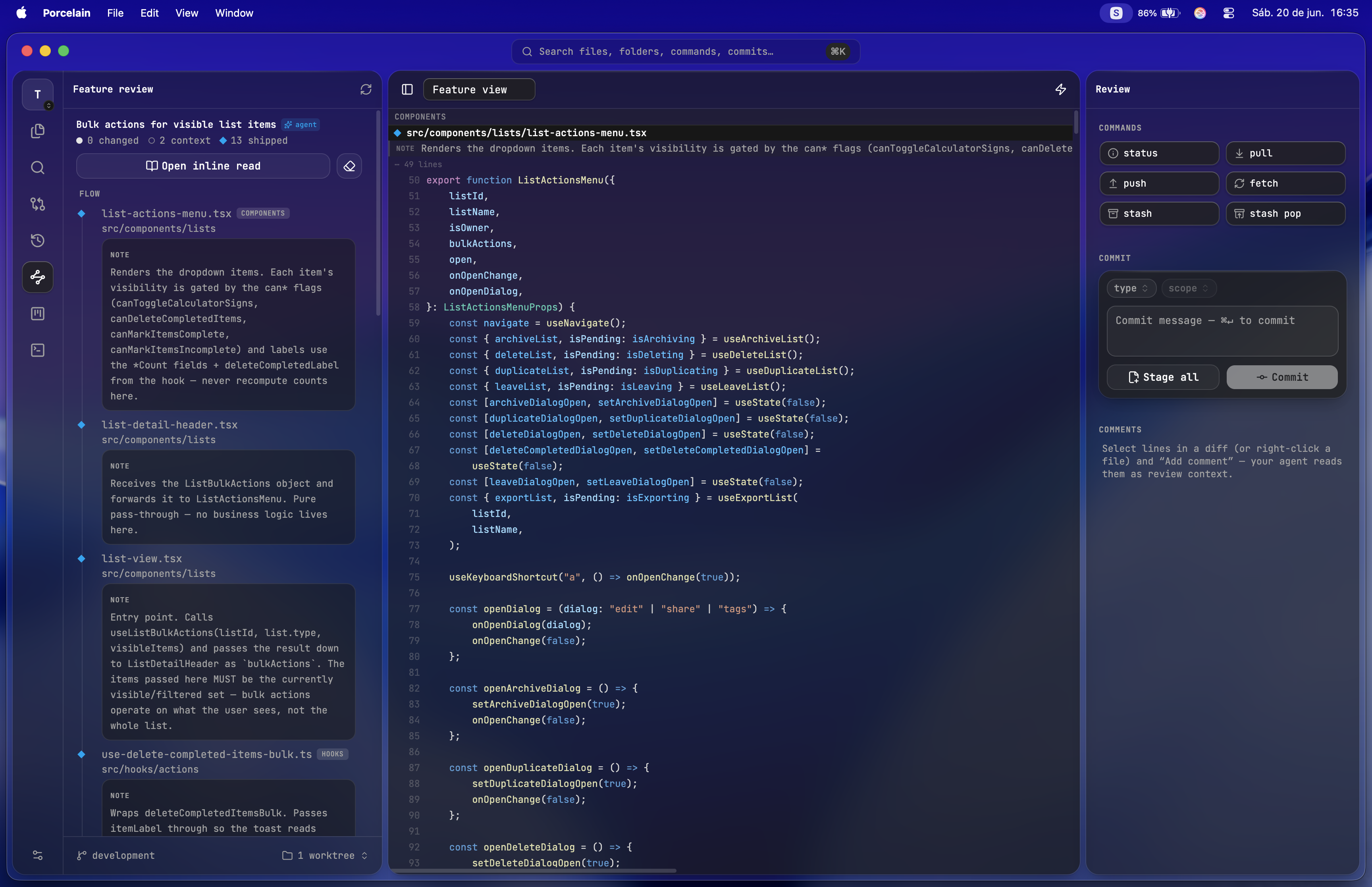 Porcelain feature view: changed files ordered along their dependency flow, each annotated with a note your agent wrote