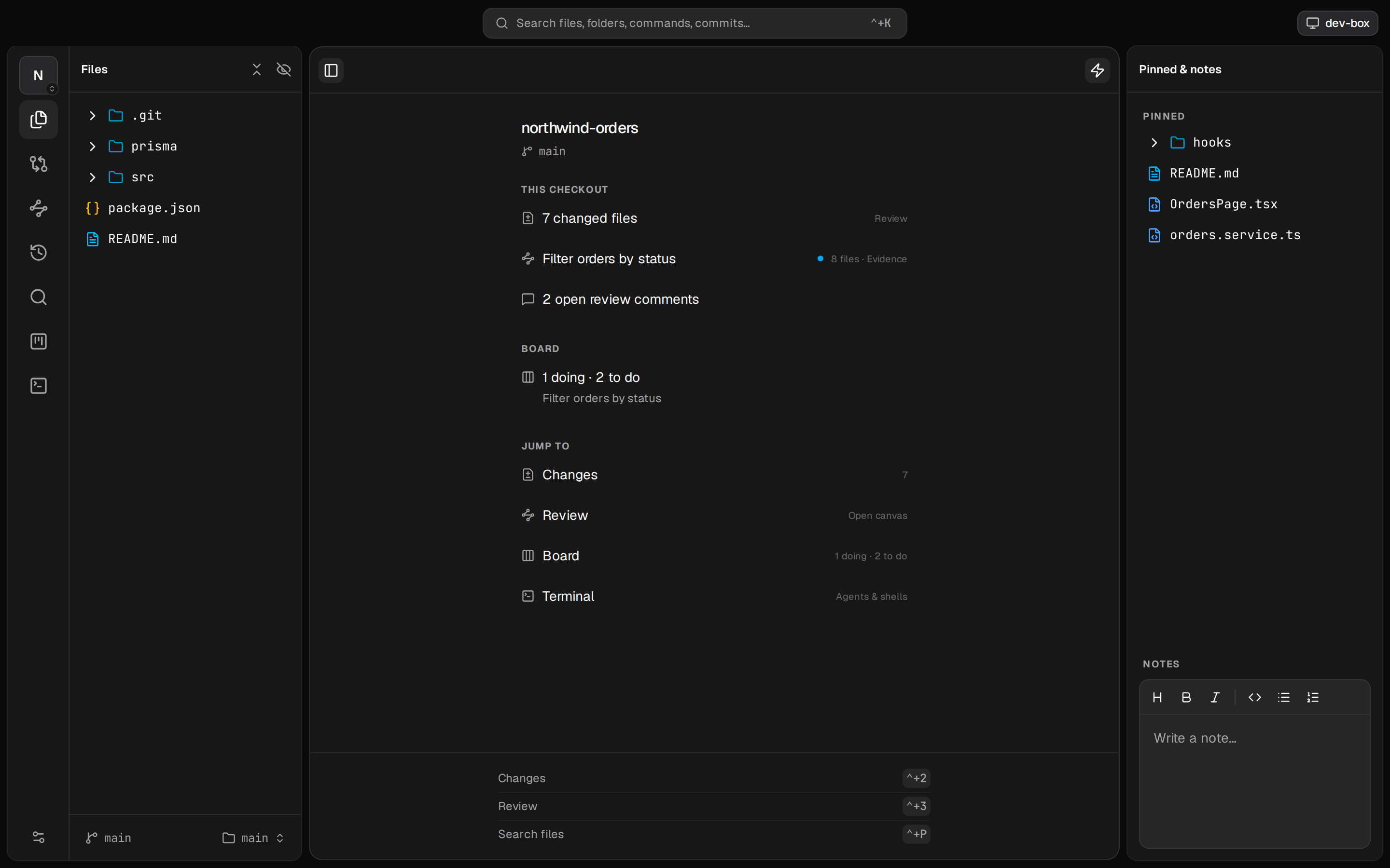 Porcelain app home: the Glance with work in flight and jumps into Changes, Review, Board, and Terminal