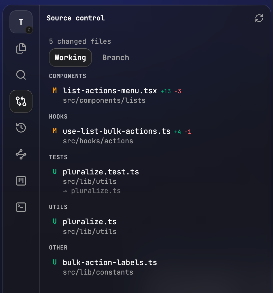 Source control panel: changed files grouped under Components, Hooks, Tests, Utils and Other