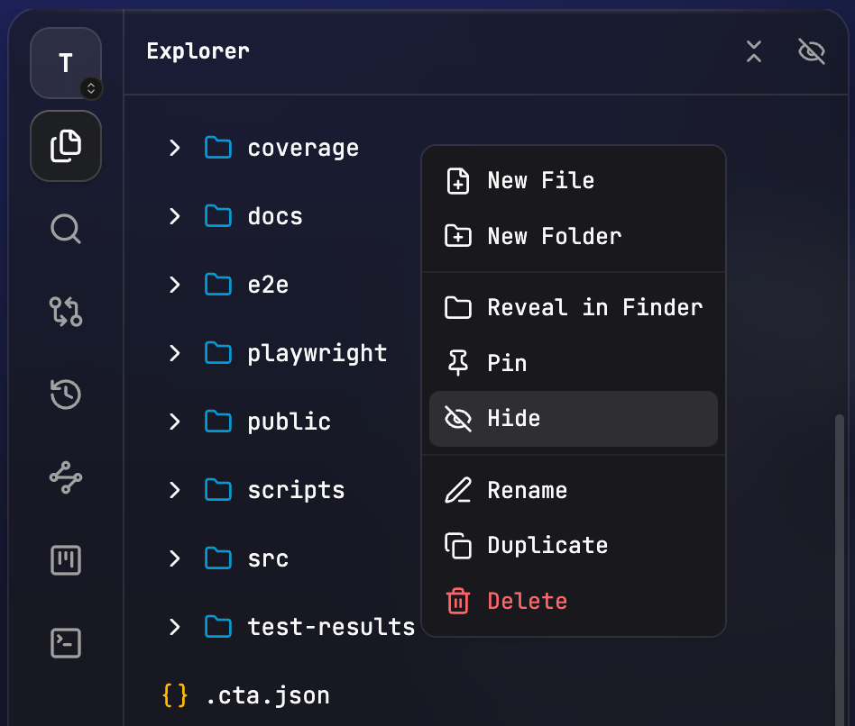 Explorer right-click menu on a folder with Pin and Hide actions