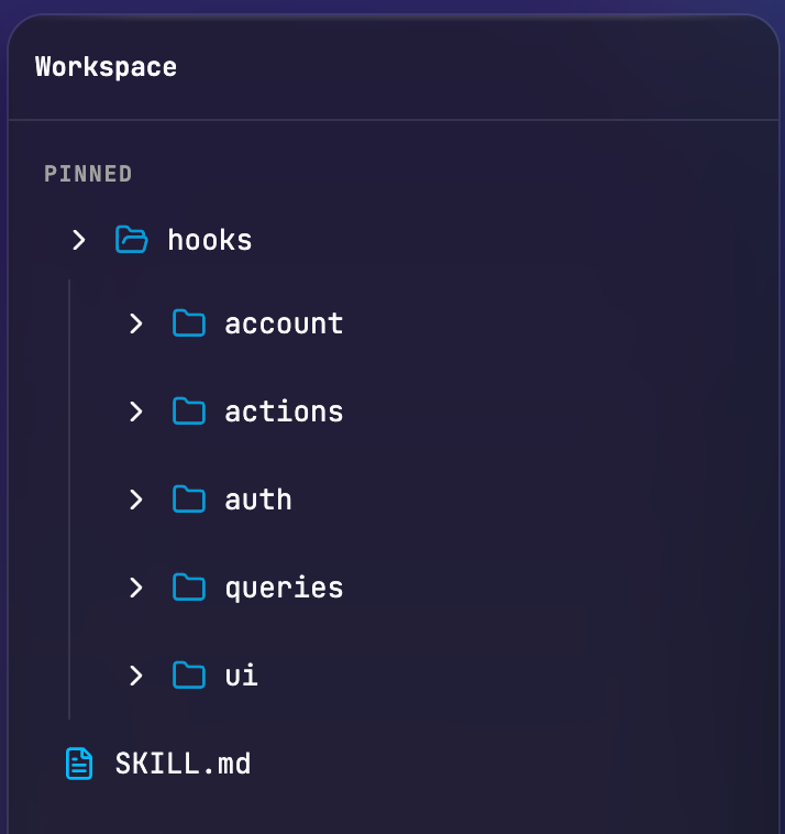 Workspace panel with pinned hooks folder and SKILL.md